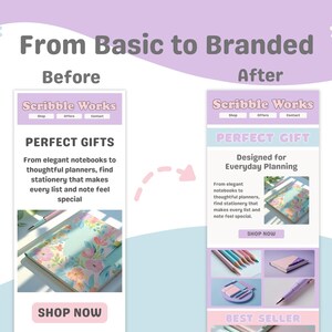 K&ouml;nnte beinhalten: Eine Werbegrafik f&uuml;r Scribble Works, die eine Transformation von Basic zu Branded zeigt. Das Bild zeigt Schreibwarenprodukte, darunter Notizb&uuml;cher und Planer, mit dem Text "Perfekte Geschenke" und "Jetzt kaufen".