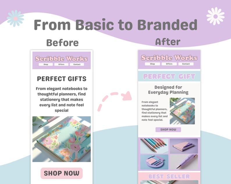 K&ouml;nnte beinhalten: Eine Werbegrafik f&uuml;r Scribble Works, die eine Transformation von Basic zu Branded zeigt. Das Bild zeigt Schreibwarenprodukte, darunter Notizb&uuml;cher und Planer, mit dem Text "Perfekte Geschenke" und "Jetzt kaufen".