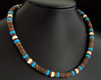 Collana con perline di cocco e howlite turchese: stile tribale da surfista