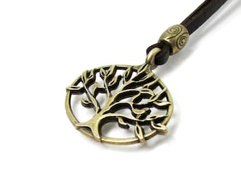 Men Pendant Necklace,Leather Necklace,Tree Of Life Necklace,Unisex Necklace Adjustable,Surfer Necklace,Bronze Pendant,Tree Pendant Necklace