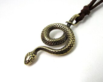 Collana in pelle da uomo e donna, collana con ciondolo a forma di serpente, collana unisex regolabile, collana da surfista, collana con ciondolo in bronzo, ciondolo a forma di animale
