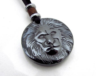 Collana in pelle da uomo e donna, collana con ciondolo a forma di testa di leone, collana con segno zodiacale, collana con ciondolo in pietra preziosa di ematite, regalo per lui, regalo per uomo