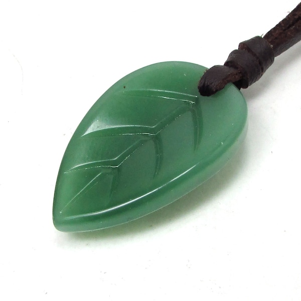 Jade Gemstone Pendant Leather Necklace, Leaf Pendant Necklace, Men Woman Necklace, Surfer Necklace, Tribal Necklace,  Green Jade Pendant