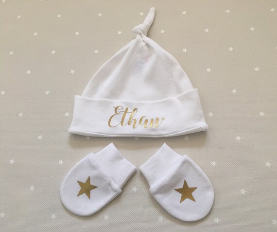New Baby Personalised Hat and Scratch Mittens Birth Arrival Girl