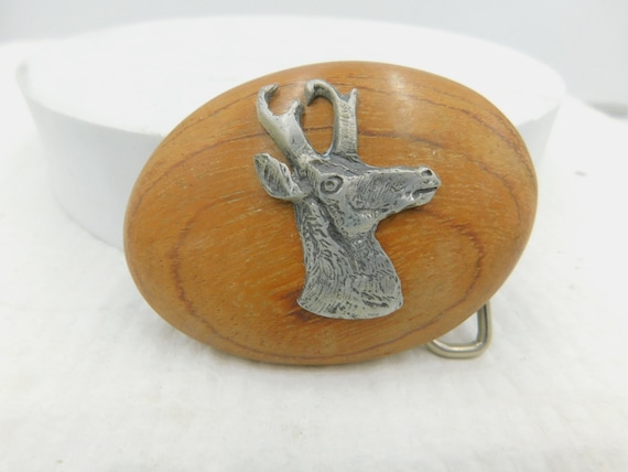 Belt Buckle Pewter Antelope on Wood - image 1