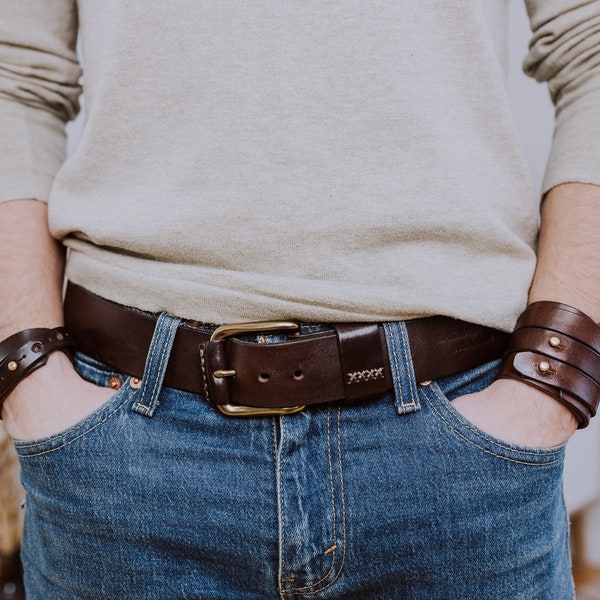 Leather Belt Brown Wenge handcrafted solid brass buckle Fits trousers and jeans