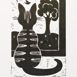 Linoldruck "Linocat und der Vogel"