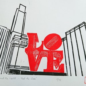 Linocut print &quot;Around the World - Feel the Love&quot;
