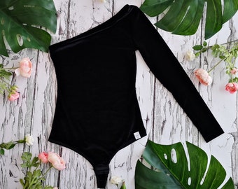 Velvet Long Sleeve, Black Velvet Bodysuit, Long Sleeves, Black Stretchy Lace Top, Asymetric Bodysuit, One Sleeve Bodysuit, Black Bodysuit