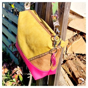 Sac à main bandoulière bi-matière rose et marron
