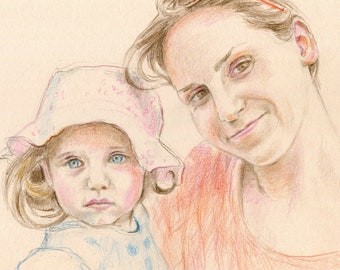 Portrait of young woman with a child, drawing with crayons