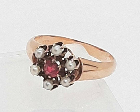 14K Yellow Gold Garnet Seed Pearl Ring - image 2