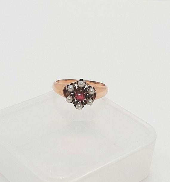 14K Yellow Gold Garnet Seed Pearl Ring