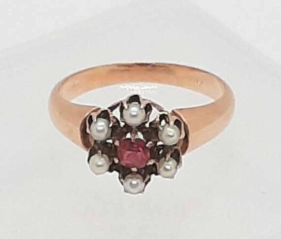 14K Yellow Gold Garnet Seed Pearl Ring - image 4