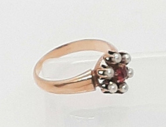 14K Yellow Gold Garnet Seed Pearl Ring - image 3