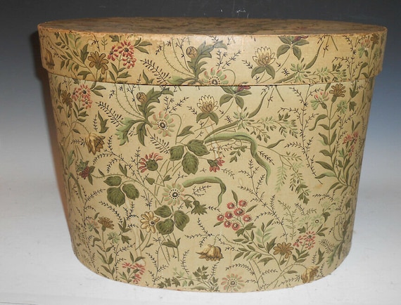1800's Hand Colored Wallpaper Oval Hat Box