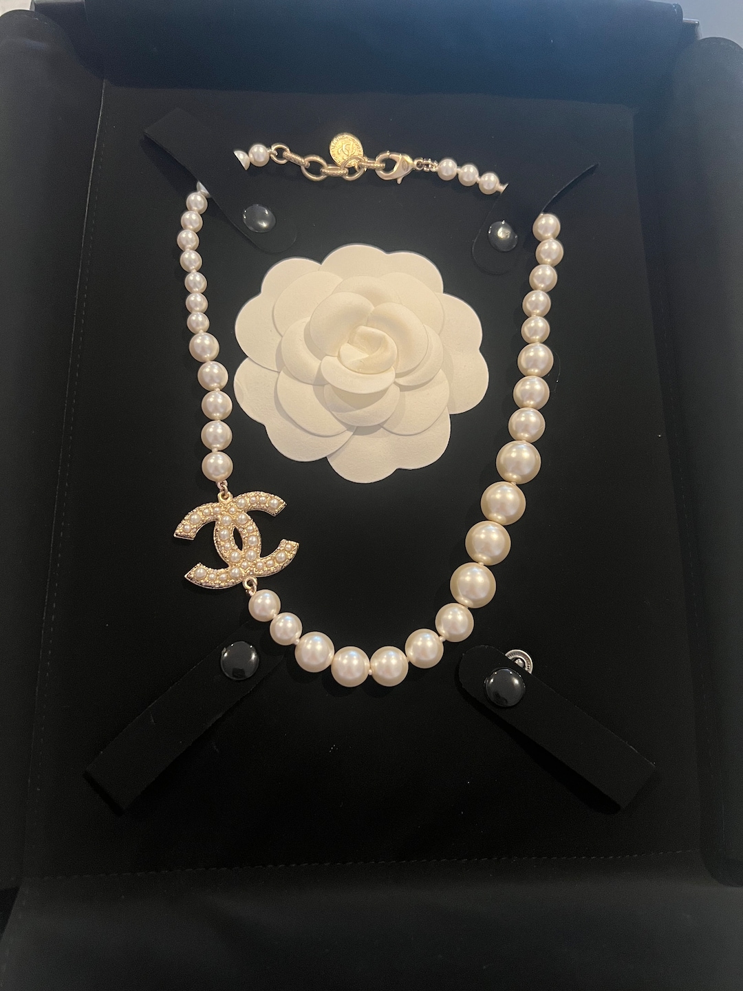 An Authentic Long Chanel Pearl Necklace CCs set with seed Pearls