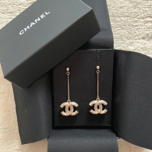 Authentic Stunning Silver Crystal Chanel CC Dangle Earrings 