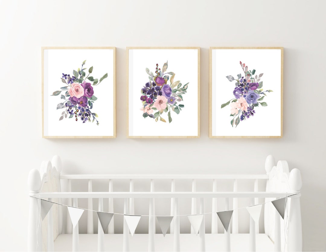 Set of 3 Purple Girls Nursery Decor Wall Floral Prints Lavender Baby ...