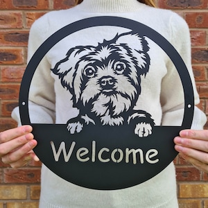 Yorkshire Terrier/Maltese Welcome Metal Sign: Black Powder Coated Finish