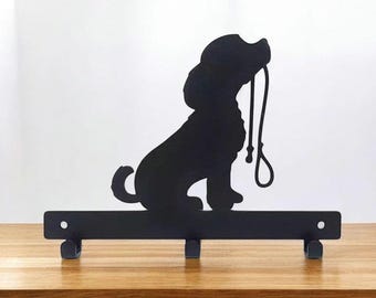 Dog with Lead Dog Lead Hanger | Metal Wall Hook | Powder Coated | Fixings Included | Dog Lead Holder | Leash Rack | Pet Gift |Dog Home Decor
