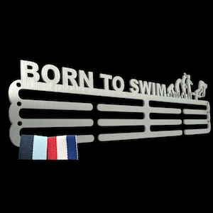 Medal Hanger/Holder/Display/Rack/Hook, Swimmer, Swimming, *BORN TO SWIM* Silver, store 36 medals, Metal