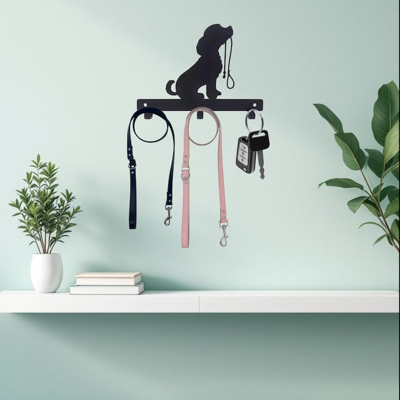 Hund mit Leine Hundeleinenhalter | Metall Wandhaken | Pulverbeschichtet | Befestigungen enthalten | Hundeleinenhalter | Leinen | Haustier Geschenk |Hund Wohnkultur Bild 3