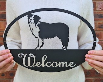 Letrero de bienvenida de Border Collie / Placa de pared de metal para perro / Decoración para el hogar y el jardín / Accesorios incluidos / Regalo para amantes de los perros / Letrero de bienvenida para mascotas