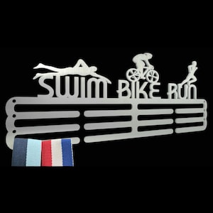 Medal Hanger/Holder/Display/Rack/Hook- *SWIM BIKE RUN*, Triathlon, Silver, store 36 to 60 medals, Metal