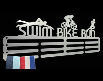 Medal Hanger/Holder/Display/Rack/Hook- *SWIM BIKE RUN*, Triathlon, Silver, store 36 to 60 medals, Metal
