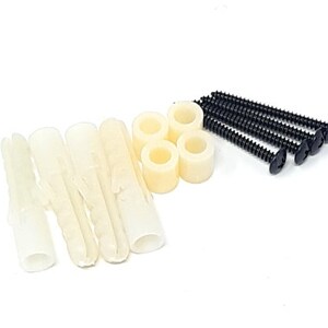 May include: A set of white plastic wall anchors and black screws for hanging items on a wall.