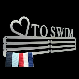 Medal Hanger/Holder/Display/Rack/Hook, Swimmer, Swimming, *LOVE TO SWIM* Silver, store 36 medals, Metal