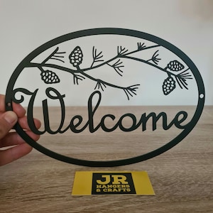 Pine Branch Welcome Metal Sign: Black Steel Home Decor