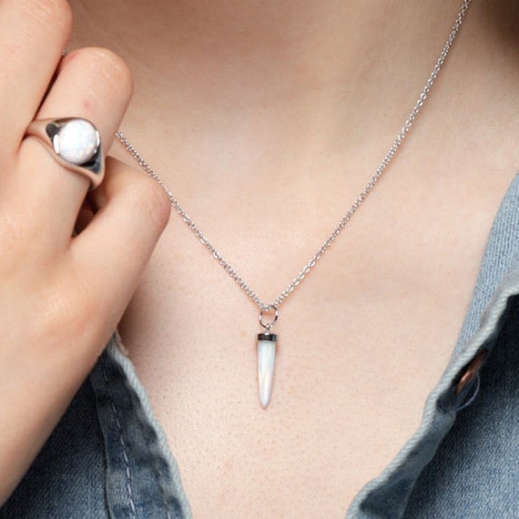 White Opal Spike Necklace With Slider Clasp Bullet - Tusk Charm Pendant Necklace