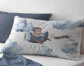Gepersonaliseerde kussensloop - kussensloop vliegtuig teddybeer, zachte microvezel, gepersonaliseerde kussensloop met naam, perfect voor kinderen en volwassenen