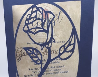 Beauty and the Beast Invitation, Sweet Sixteen, Quinceanera, Wedding Invitation, Rose Cut out, Navy and Gold