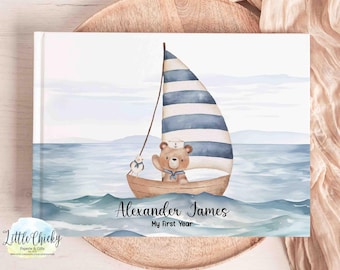 Personalized Baby Book - Nautical Teddy Bear Keepsake Journal, First Year, First Five Years, Baby Book, Baby Shower Gift