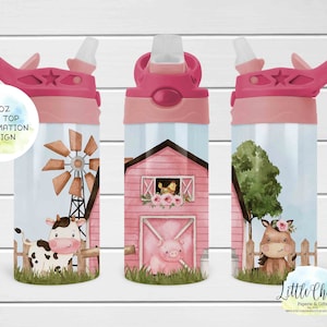 May include: A 12oz flip-top water bottle with a farm theme. The bottle features a pink lid and a design with a cow, a windmill, a pink barn, a pig, a horse, and the text "12oz Flip Top Sublimation Design".