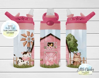 12oz Kids Flip Top Sippy Cup Sublimation Design, Pink Farm Animals Flip Top Kids Sublimation Design, Instant Download, Tumbler Template
