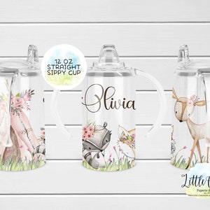 12oz straight sublimation sippy cup wrap, Pink Woodland Animals sippy cup Sublimation Design, PNG File, Instant Download, Tumbler Template