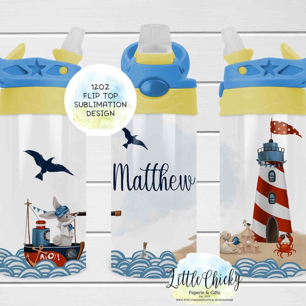 Nautical 12oz Kids Flip Top Sippy Cup, Nautical Bunny Sublimation Design, Kids Sublimation Design, Instant Download, Tumbler Template