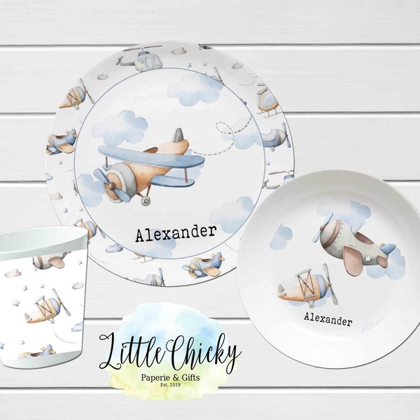Airplane Children's Plate set, Personalized Plate Set, Melamine Plate, Baptism Gift, Birthday Gift, First Birthday, Baby Shower Gift
