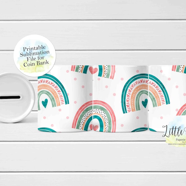 Boho Rainbow Money Box,  Coin Bank Full Wrap Sublimation PNG File, Instant Download, Sublimation Bank Template, Sublimation PNG