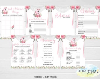 Flamingo Baby Shower Games Bundle, Printable Floral Flamingo Baby Shower Games, Digital Baby Shower Games