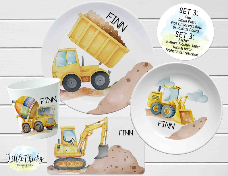 Personalized Construction Children's Plate set, Construction Vehicles Melamine Set, Birthday Gift, Baptism Gift, Children's Gift Set THREE