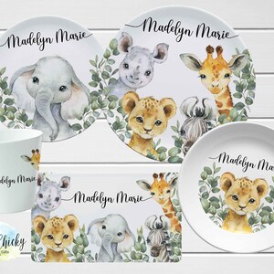 Safari Animals Children's Plate set, Jungle Animals Personalized Plate, Cup, Melamine Plate, Birthday Gift, First Birthday, Baby Gift