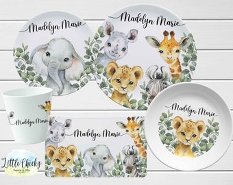 Safari Tiere Kinderteller Set, Dschungel Tiere personalisierte Teller, Tasse, Melamin Teller, Geburtstagsgeschenk, Erster Geburtstag, Baby Geschenk