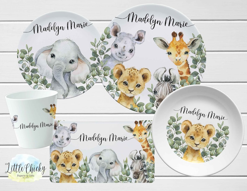 Safari Animals Children's Plate set, Jungle Animals Personalized Plate, Cup, Melamine Plate, Birthday Gift, First Birthday, Baby Gift image 1