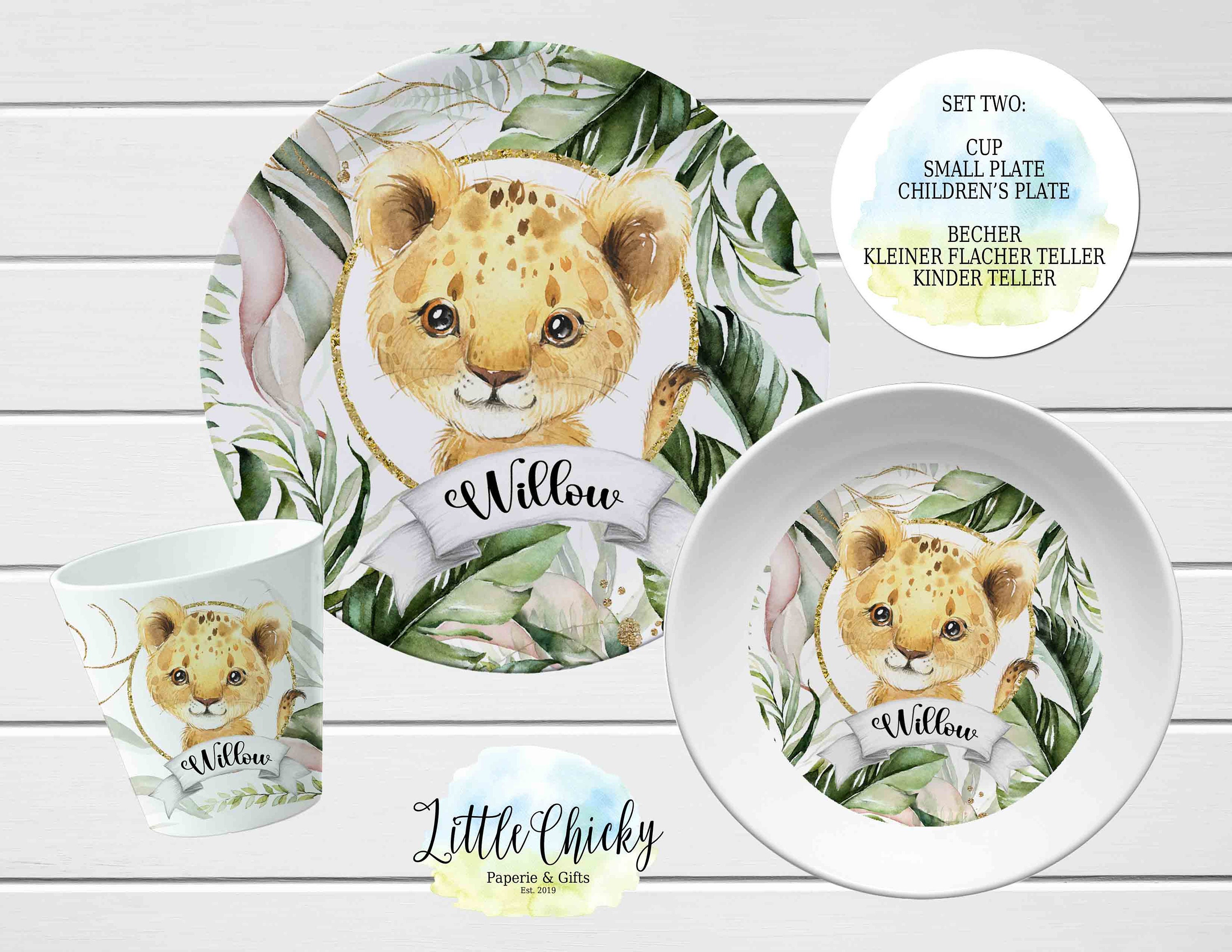 Set de 1x Assiettes enfants en mélamine avec imprimé lion blanc
