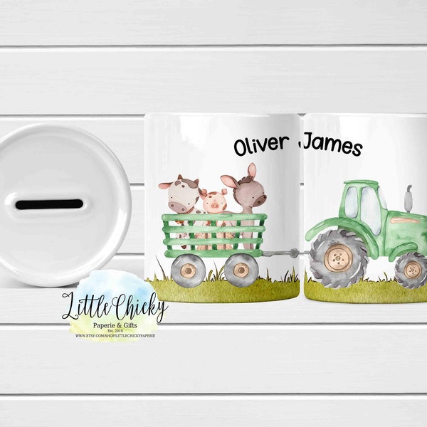 Personalized Money box with Name, Green Tractor Money Box, Coin Bank, Piggy Bank, Birthday Gift, Baptism Gift, Boy Gift, Girl Gift